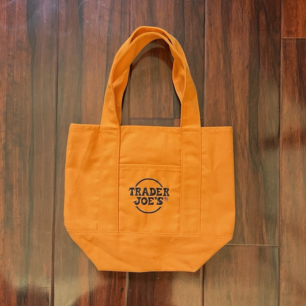 Trader Joe's Orange Canvas Tote Bag Mini Reusable Grocery Bag Logo Pocket 13X8"